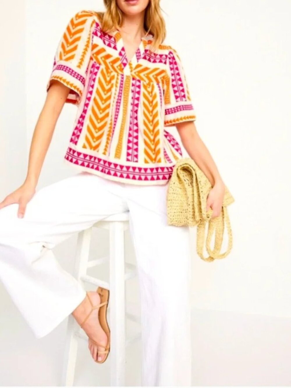 Old Navy Short Sleeve Jacquard Geometric Print Blouse S Pink Orange Ivory - Picture 2 of 5